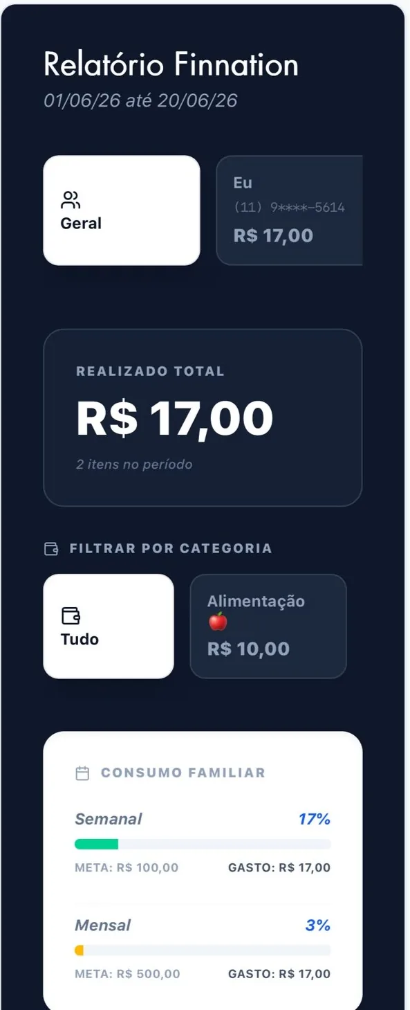 Relatório financeiro da FinNation com gastos organizados por categoria e metas
